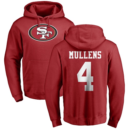 Men San Francisco 49ers Red Nick Mullens Name and Number Logo #4 Pullover NFL Hoodie Sweatshirts